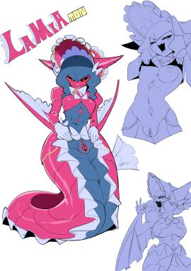 absurdres black_sclera blue_hair breasts breasts_out colored_sclera digimon digimon_(creature) female hat highres horns lamia lamiamon long_hair monster_girl naga open_mouth papyruth pussy ribbon tongue tongue_out yellow_eyes