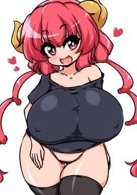 breasts breasts_bigger_than_head covered_nipples dragon_girl dragon_horns female female_focus female_only horns huge_breasts humanoid hyper_breasts ilulu_(dragon_maid) ilulu_(maidragon) light-skinned_female light_skin looking_at_viewer miss_kobayashi's_dragon_maid moyashi_udon nipple_bulge on_knees panties pasties red_hair shortstack small_but_busty tongue tongue_out twintails voluptuous