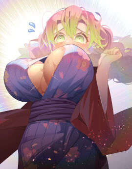 about_to_cry arms_up artist_request big_breasts blue_kimono blush bouncing_breasts breasts demon_slayer embarrassed female garter_belt green_eyes green_hair gripping kanroji_mitsuri kimetsu_no_yaiba kimono massive_breasts mitsuri_kanroji multicolored_hair nails nipple_peek open_clothes parted_bangs pink_flower pink_hair robe shibahu_cake sweat sweatdrop tears twintails
