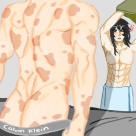 2boys ass back_muscles back_view bed black_eyes black_hair blonde_hair blue_eyes blue_towel blush boxers boxers_down brands bushy_eyebrows buttocks calvin_klein closed_eyes clothed comic dark_circles deadpool digital_media_(artwork) duo erection eyebrow_piercing eyebrows_visible_through_hair eyelashes games gay green_clothing hey_its_kamo korean korean_male light_skin lips long_hair male male_only marvel marvel_comics muscles muscular muscular_male nipples oc open_mouth pose reference_image scars scars_all_over scars_on_chest sebastián_parker_oc semi-clothed sex shadow short_hair spider-man surprised surprised_expression sweat teeth towel wade_wilson white_body yaoi young