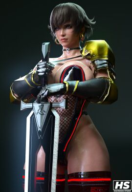 1girls 3d armored_gloves big_breasts breasts brown_hair capcom female female_only fiorayne hagiwara_studio high_resolution highres monster_hunter monster_hunter_rise muscular muscular_female purple_eyes short_hair solo sword tagme wet_skin