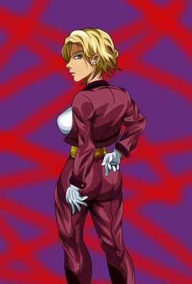 1girls art_of_fighting ass big_ass big_breasts blonde_hair blue_eyes breasts busty clothed curvaceous curvy curvy_body curvy_female curvy_figure earrings female from_behind gloves king_(snk) king_of_fighters light-skinned_female light_skin long_sleeves looking_back pants short_hair snk suit thighs thin_waist voluptuous voluptuous_female white_gloves white_shirt wide_hips