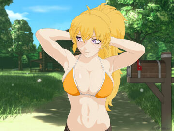 1girls 3d abs accurate_art_style armpits arms_behind_head athletic athletic_female belly belly_button big_breasts bikini bikini_top bikini_top_only blonde_hair bra breasts busty casual_exposure cleavage female large_breasts midriff navel necromalock nipples pants ponytail pose posing purple_eyes rwby sensual sexy_armpits smile swimsuit tagme toned yang_xiao_long yellow_bikini