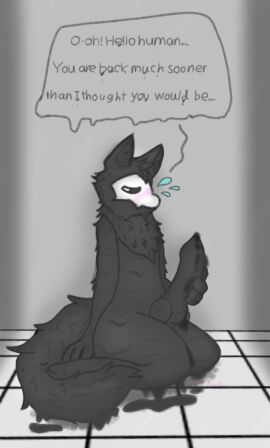 anthro aroused ass big_butt big_knot big_penis big_tail black_body black_cum black_fur blush blush_lines bodily_fluids bone bone_mask canid canine caught_in_the_act caught_masturbating changed_(video_game) colored_cum cum cum_drip dialogue dripping embarrassed english_text erection fluffy fluffy_chest fluffy_ears fluffy_tail fur genital_fluids genitals goo_creature greeting hand_on_penis hi_res kneeling kneeling_on_ground knot knotted_penis looking_away mafoowo male mammal mask masturbation penis precum precum_drip puddle puro_(changed) skull skull_mask slime solo sweat tail text unusual_bodily_fluids unusual_cum unusual_genital_fluids