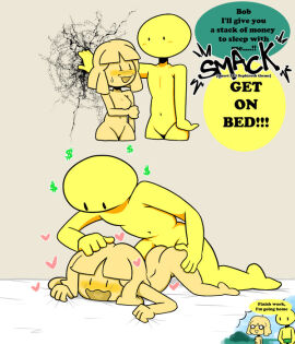 1boy 1girls bed bedsheets bluejr bob_(dsand) broken_wall casual daydream doggy_style ella_rich_(dsand) english_text face_down_ass_up female grabbing_sheets heart human instant_loss_2koma male money my_ghost_friend nudist orange_body orange_hair orange_skin prostitution sex wall yellow_body yellow_skin