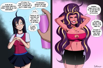 ahoge arms_above_head ass ass_expansion bare_shoulders before_and_after bimbofication black_hair blonde_hair breast_expansion breast_growth breast_growth_(enlargement) breasts claire_(wakeykun) cleavage corruption dark_skin dialogue earrings eyelashes eyeshadow female femsub huge_ass huge_breasts jewelry large_breasts lipstick long_hair looking_at_viewer makeup miniskirt mole multicolored_hair original polmanning red_lipstick short_skirt skirt smile split_personality standing sweater tan_skin text transformation tube_top tubetop updo