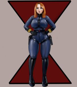 1girls ass big_breasts black_widow_(marvel) blue_eyes bodysuit breasts clothed female full_body iron_doomer kneehighs latex latex_bodysuit latex_suit lipstick looking_at_viewer marvel marvel_comics red_hair solo thick_ass thick_thighs voluptuous