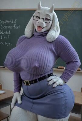 ai_generated ai_video animated anthro big_breasts classroom clothes_lift deltarune female furry furry_female furry_only glasses goat_girl indoors lifted_by_self looking_at_viewer mature_anthro solo sweater sweater_lift tagme toriel undertale video vlrgromns
