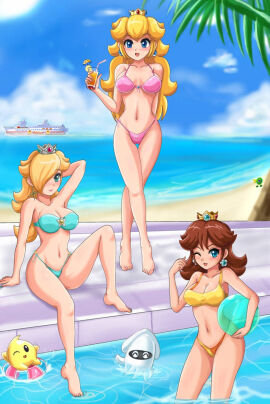 3girls beach beach_ball big_breasts bikini blonde_hair blooper blue_bikini blue_eyes blue_swimsuit breasts brown_hair cataquack clouds cocktail cocktail_umbrella crown cruise_ship daisy_cruiser earrings female flower_earrings hair_over_one_eye holding_beachball holding_drink in_water innertube large_breasts long_hair looking_at_viewer luma mario_(series) medium_hair midriff navel nintendo ocean outside painted_fingernails palm_tree pink_bikini pink_swimsuit pool poolside princess_daisy princess_peach princess_rosalina ship side-tie_bikini side-tie_swimsuit sigurdhosenfeld sky star_earrings swimsuit water yellow_bikini yellow_swimsuit