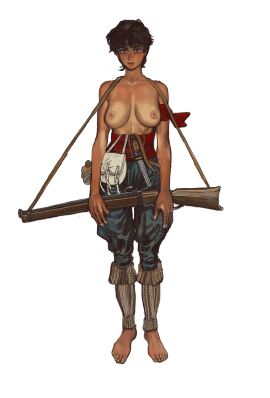 1girls 2d barefoot black_hair blue_eyes breasts casual_topless dark-skinned_female dark_skin female female_only flintlock full_body gun knife large_breasts matchlock mossa nipples nonsexual_nudity oc original original_character pants realistic rifle short_hair soldier solo solo_female standing tan topless white_background