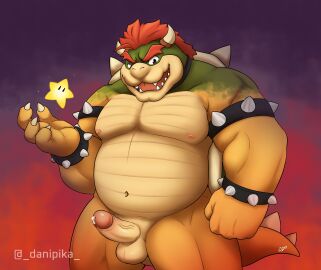 2023 2_horns 4_fingers absurd_res anthro areola armband balls bara belly biped bodily_fluids bowser bracelet claws collar danipika erection eyebrows fingers genital_fluids genitals glans green_body green_scales hair hi_res horn humanoid_genitalia humanoid_penis jewelry koopa looking_at_viewer male male_only mario_(series) musclegut muscular muscular_anthro muscular_male navel nintendo nipples nude nude_anthro nude_male open_mouth open_smile overweight overweight_anthro overweight_male penis power_star precum precum_on_penis red_hair scales scalie shell signature simple_background smile solo spiked_armband spiked_bracelet spikes spikes_(anatomy) standing star super_mario_bros. tail teeth tongue vein veiny_penis yaoi yellow_body yellow_scales