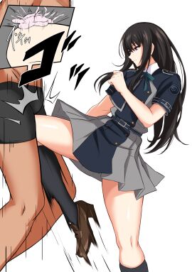 1boy absurdres ballbusting balls balls_kick black_dress black_hair black_shorts brown_footwear castration crotch_kick dress female grey_dress highres inoue_takina kneehighs kneeing long_hair lycoris_recoil male pleated_dress shoes short_dress short_sleeves shorts sidelocks socks standing standing_on_one_leg sterilization sterilized testicles testicular_assault thighs two-tone_dress very_long_hair watarase_piro
