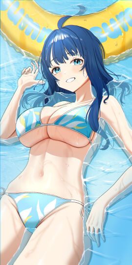 ahoge bare_arms bare_belly bare_legs bare_shoulders bare_thighs belly_button big_breasts bikini blue_bikini blue_eyes blue_hair blush breasts collarbone female groin inflatable_raft long_hair make_heroine_ga_oo_sugiru! parted_lips partially_submerged poppo_myupunk98 side-tie_bikini_bottom sideboob smile string_bikini thighs underboob water wet_body wet_hair yanami_anna