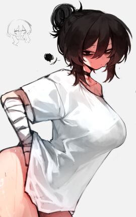 1girls ass bandage bandaged_arm big_ass big_breasts black_eyes black_hair breasts choker color eyebags female female_focus female_only hair_up human leaning_forward looking_at_viewer one_shoulder_exposed original shig_(shigezie) shigezie shirt shoulder_length_hair sweat tagme thick_thighs tied_hair white_background