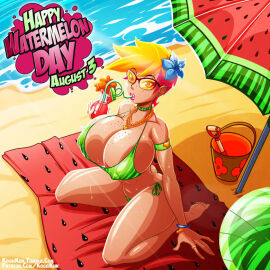beach big_breasts bikini breasts female glasses kogeikun nahia_(kogeikun) short_hair thick_thighs watermelon_bikini watermelon_day
