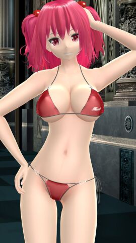 1girls 2023 3d belly_button bikini breasts clavicle cleavage female hand_on_head hand_on_hip hati_yukkuri_mmd headband hips indoors interior_background jpeg komachi_onozuka light-skinned_female light_skin looking_at_viewer mmd one_arm_up red-haired_female red_bikini red_eyes shinigami smiling_at_viewer solo_female solo_focus swimsuit tied_hair touhou waist