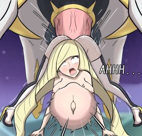 1boy 1girls arceus bitch blonde_hair female human human_sex_toy hypertron impaled_by_penis in_pain large_penis lusamine_(pokemon) male male_pokemon/female_human milf monster penis pokemon pokemon_(species) pokemon_sm pokephilia screaming sex stomach_bulge suffering taken_from_behind