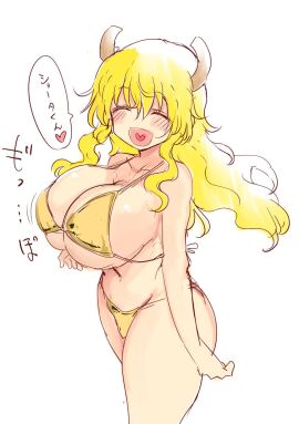 1girls ass big_ass big_breasts big_butt bikini bikini_bottom bikini_top blah blonde_hair blush blush_lines blushing_at_viewer blushing_female breasts cleavage closed_eyes closed_eyes_smile colored_sketch cool-kyou_shinja dragon dragon_girl dragon_horns dragon_humanoid dragon_maid female female_focus female_humanoid female_only hair hand_on_breast happy heart_in_mouth heart_tongue horn horned_female horned_humanoid horns hourglass_figure huge_breasts japanese_dialogue japanese_text jiggle kobayashi-san_chi_no_maidragon large_breasts light-skinned_female light_skin long_hair looking_at_viewer lucoa lucoa_(maidragon) miss_kobayashi's_dragon_maid open_mouth quetzalcoatl_(dragon_maid) simple_background sketch smile smile_at_viewer smiling smiling_at_viewer solo solo_female solo_focus speech_bubble spoken_heart standing text thick_thighs thighs upper_body very_long_hair voluptuous voluptuous_female white_background yellow_bikini yellow_hair
