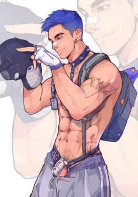 1boy abs bandage chastity chastity_cage chastity_device cock cokeoysters fingerless_gloves male male_only original original_character partially_clothed penis pubic_hair pup_mask shirtless shirtless_male six_pack solo sounding spiked_collar tagme tattoo urethral_insertion