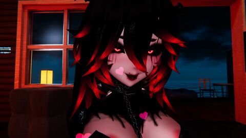1futa 3d ahe_gao black_hair black_sclera breasts chains collar female futanari goth goth_futa goth_girl gothic heart heart_symbol intersex lewd_face markings night pasties piercing piercings red_hair submissive_futa two-tone_hair vrchat vrchat_avatar