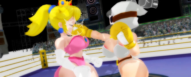 2girls 3d arena ass belt big_ass big_breasts big_butt big_thighs black_hair blonde_hair boxing boxing_gloves boxing_match boxing_ring bra breasts catfight cleavage closed_eyes crown curvy doyle44 duo earrings elbow_boxing_gloves elbow_gloves female female_focus female_only fight fighting fighting_ring gloves indoors light-skinned_female light_skin mario_(series) mask nintendo part_of_a_set ponytail princess_peach punch punching punching_face ryona serious shy_gal shy_gal_white strapless_bra thick thick_ass thick_butt thick_hips thick_thighs thighs thong tied_hair vs white_boxing_gloves white_gloves yellow_boxing_gloves yellow_gloves