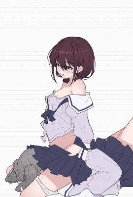 2girls blue_eyes blue_shirt blue_skirt blush brown_hair chinese_commentary commentary_request cunnilingus facesitting female girls_band_cry grey_hair hair_between_eyes highres hina_(girls_band_cry) iseri_nina long_sleeves low_twintails multiple_females multiple_girls open_mouth oral panties panties_around_one_leg pleated_skirt school_uniform shirt short_hair short_twintails skirt straddling sweat twintails underwear white_panties yun_cao_bing yuri