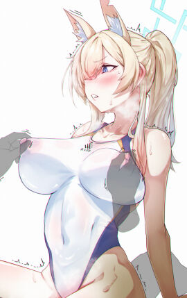 1girls blue_archive breast_grab breasts female groping_breasts kanna_(blue_archive) kanna_(swimsuit)_(blue_archive) male nipples_visible_through_clothing one-piece_swimsuit see-through_clothing swimsuit yukiru_akitera