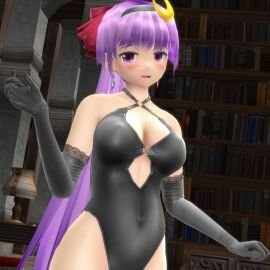 1girls 2023 3d armwear black_armwear black_leotard blush cleavage cresent_moon earrings embodiment_of_scarlet_devil female hati_yukkuri_mmd headband human indoors inside leotard library light-skinned_female light_skin long-haired_female looking_at_viewer mikumikudance mmd patchouli_knowledge purple-haired_female purple_eyes red_ribbon solo_female solo_focus touhou