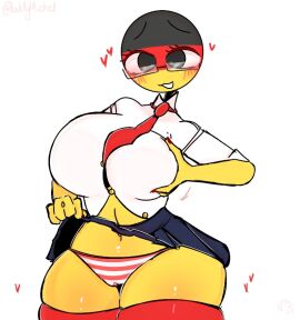 1girls ass big_ass big_breasts big_girl big_thighs black_skirt blush blushing_at_viewer breasts business_suit clothed clothed_female countryhumans countryhumans_girl embarrassed embarrassed_female female female_focus female_only germany_(countryhumans) glasses horny_female kak0yt0_chel looking_at_viewer panties pussy school_uniform shirt showing_breasts showing_pussy simple_background skirt skirt_lift solo solo_female solo_focus tagme tagme_(artist) thighs watermark white_background white_shirt yellow_skin