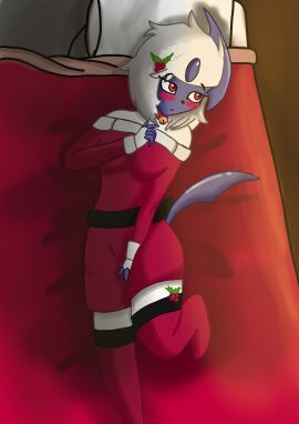 22ndfrog absol anthro bed blue_body blush breasts christmas christmas_outfit dress eyeliner female furry horn laying_down laying_on_back laying_on_bed mistletoe pokemon pokemon_(species) thighhighs thighs white_fur