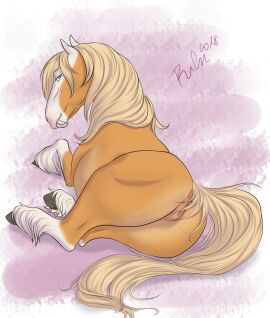 2018 animal_genitalia animal_pussy anus blue_eyes dated equid equine equine_anus equine_genitalia equine_pussy fangs female feral fur genitals hi_res horse leg_markings looking_at_viewer lying mammal mane markings mouth_closed on_side orange_body pussy rufciu signature socks_(marking) solo tail tan_mane tan_tail teeth white_body white_fur