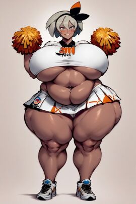 ai_generated bbw bea_(pokemon) belly big_belly big_breasts breasts cheerleader cheerleader_outfit cheerleader_uniform gigantic_ass human hunkbsaa massive_ass nintendo panties piercing pokemon sneakers ssbbw white_panties