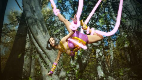 1girls 3d black_hair bound_ankles bound_arms female original purple_shorts shorts suspension suspension_bondage tentacle ultimate-clash