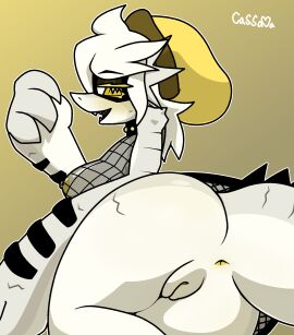 2024 alligator anthro anus ass beanie bedroom_eyes blush cassava female female_only hat large_hands looking_at_viewer nipple_piercing nipples open_mouth piercing pussy reptile reptile_humanoid scalie sharp_teeth solo solo_female tail tannia_crowe transparent_clothing white_body white_hair yellow_anus yellow_eyelashes yellow_eyes yellow_nipples