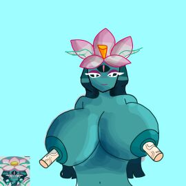 barely_smiling breasts cookie_run cookie_run_ovenbreak female flower huge_breasts long_hair loose_strand_in_hair lotus lotus_dragon_cookie lotus_dragon_cookie_concept nipple_fuck nipple_penetration sarcastic_smirk? straight_hair teal_skin what why_the_bored_face
