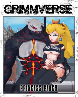 1boy 1monster blonde_female blonde_hair carrying cover_page crossover crown grimm_(rwby) grimmverse half-dressed half_naked half_naked_female indrick_[artist] long_hair long_hair_female mario_(series) monster monster_cock ponytail princess princess_peach rwby