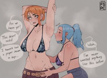 2girls armpit_fetish armpit_stubble armpits blue-haired_female blue_hair female female/female female_only fspc nami_(one_piece) nefertari_vivi one_piece orange-haired_female orange_hair pre-timeskip pussy shaved_armpit shaved_pussy sky_island_saga skypiea smelling smelly_armpits text yuri