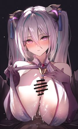 1boy 1girls after_paizuri azur_lane bar_censor bare_shoulders blush breasts censored cg cleavage cum cum_on_body cum_on_breasts dark-skinned_male dark_skin dress eagle_union_(azur_lane) elbow_gloves female gloves grey_hair hair_between_eyes hair_ornament heart heart-shaped_pupils horns huge_breasts kearsarge_(azur_lane) kearsarge_(springtime_monitoring)_(azur_lane) large_breasts light-skinned_female light_skin long_hair looking_at_viewer male male_pov paizuri paizuri_under_clothes penis pink_eyes pov purple_eyes purple_gloves sea_nami solo_focus straight symbol-shaped_pupils twintails upper_body