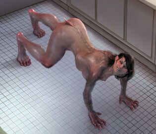 bathroom bathroom_floor bathroom_tiles black-haired_female black_hair body_hair breasts canid canine closed_eyes completely_naked completely_nude fang_growth fangs feet female final_fantasy foot_transformation hair hairy liminalbean liminalbean_(artist) long-haired_female long_hair looking_pleasured mammal mid-transformation mythological_canine mythological_creature mythology naked naked_female nightmare_fuel nude nude_female realistic sharp_teeth slight_smile solo species_transformation tail tail_growth teeth teeth_growth tifa_lockhart transformation werecanid werecanine werecreature werewolf werewolf_girl werewolf_transformation