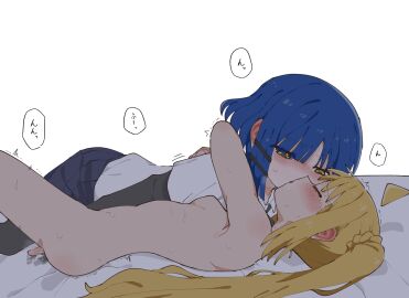 2girls ahoge bad_id bad_pixiv_id black_pantyhose blonde_hair blue_hair blush bocchi_the_rock! breasts chikyuu_marusugi closed_eyes clothed_female_nude_female commentary_request completely_nude ear_blush female fingering french_kiss half-closed_eyes highres hug ijichi_nijika kissing layered_sleeves long_hair long_sleeves looking_at_another lying multiple_females multiple_girls no_nipples nose_blush nude on_back on_bed pantyhose ponytail_with_braided_base pussy pussy_juice pussy_juice_stain shirt shirt_tucked_in short_over_long_sleeves short_sleeves side_ponytail simple_background small_breasts sweat tears translation_request twitching very_sweaty white_background white_shirt yamada_ryou yellow_eyes yuri