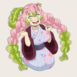 1girls bangs bathhouse_attire bathrobe big_breasts big_smile breasts clenched_fists demon_slayer estatic eyebrows_visible_through_hair female female_focus female_only flower_pattern green_eyes green_hair happy japanese_clothes kanroji_mitsuri kimetsu_no_yaiba kimono kneeling kneeling_female large_breasts light-skinned_female light_skin long_sleeves looking_at_viewer lower_teeth mukitsune multicolored_hair open-mouth_smile open_mouth pale-skinned_female pale_skin petal_pattern petals pink_hair robe sash smile smiling_at_viewer sock solo solo_focus thick_thighs tongue two-tone_hair upper_teeth wafuku white_background wide_sleeves wide_smile