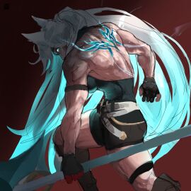 axe back_tattoo blainrot blue_eyes clothed clothes clothing feixiao_(honkai:_star_rail) female feral feral_female fox fox_ears fox_girl gloves honkai:_star_rail honkai_(series) hoyoverse larger_female long_hair muscular muscular_back muscular_female shorts taller_female tattoo thighs weapons white_hair