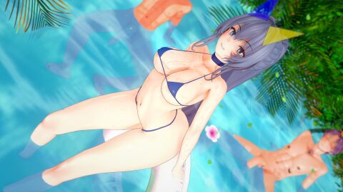 2boys 3d azur_lane bikini blue_bikini blue_eyes blue_hair blush breasts censored choker cleavage cum cum_on_body eagle_union_(azur_lane) erection female flower koikatsu large_breasts long_hair looking_at_viewer male male_masturbation micro_bikini multiple_boys multiple_males navel new_jersey_(azur_lane) new_jersey_(midsummer_leisure)_(azur_lane) official_alternate_costume outdoors penis pool purple_hair smile solo_focus straight string_bikini swimsuit very_long_hair wading water wet