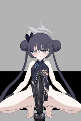 1girls black_dildo black_dress black_gloves black_hair blue_archive blush butterfly_hair_ornament china_dress chinese_clothes dildo double_bun dress female gloves grey_eyes grey_halo hair_between_eyes hair_bun hair_ornament halo huge_dildo imminent_masturbation imminent_penetration kisaki_(blue_archive) long_hair pelvic_curtain print_dress sex_toy side_slit simple_background spread_legs squatting stonewill twintails very_long_hair