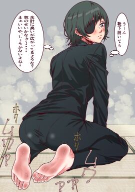 1girls asikoma7777 ass barefoot_under_trousers chainsaw_man embarrassed eyepatch feet female foot_focus formal green_eyes himeno_(chainsaw_man) japanese_text looking_down soles speech_bubble steam suit sweat toes wooden_floor worried