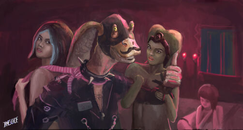 2d 3girls alien alien_boy alien_girl alien_humanoid alternate_costume arm_grab armwear back_to_back background big_ears black_clothing blue_hair bracelet breasts chains closed_eyes clothed clothed_male clothing collar collarbone eyes facial_hair female ffm_threesome flat_chest front_view gesture gimp_mask green_skin gungan hairy hairy_chest hairy_male happy headband headgear holding humanoid indoors interspecies jacket jameschoe jar_jar_binks lamp leather leather_clothing leather_jacket light lipstick long_ears long_sleeves looking_at_another looking_at_viewer looking_back male mask moustache multiple_females multiple_girls name_tag neckwear nose_piercing nude nude_female nudity on_floor open_clothes open_eyes open_jacket painting_(artwork) panties parted_lips partially_clothed piercing prostitution punk purple_background purple_light purple_lipstick red_lipstick scarf short-haired_female short_hair sitting slave sleeves small_breasts spiked_bracelet spiked_collar spikes standing star_wars straight teeth tentacle tentacle_hair threesome thumbs_up topless topless_female trio twi'lek two-tone_hair underwear unzipped unzipped_jacket watermark yellow_eyes