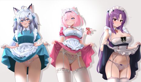 2d 2d_(artwork) 3girls alternate_costume animal_ears big_breasts blue_eyes blue_nails blush breasts cat_ears cat_tail estebaneishon1 fanart fanart_from_twitter female front_view fuwamochi_yomu grey_hair hair_over_one_eye heart-shaped_pupils high_resolution highres indie_virtual_youtuber latam_virtual_youtuber light-skinned_female light_skin lingerie long_hair looking_at_viewer maid maid_headdress maid_outfit maid_uniform medium_breasts mole mole_under_eye panties pink_hair pink_maid_outfit pink_nails purple_hair purple_nails runa_hoshino short_hair showing_panties simple_background slim_female smiling smiling_at_viewer standing suggestive suggestive_look thighhighs virtual_youtuber vtuber vtuberfanart white_background white_lingerie white_panties white_thighhighs young younger_female yukine_olwin yume_girls!