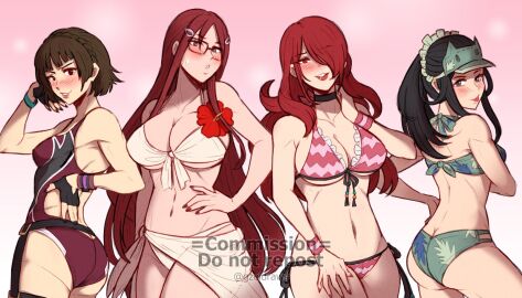 4girls ass big_ass big_breasts bikini black_eyes black_hair breasts brown_hair commission commissioner_upload crossover curvaceous curvy female female_only glasses gzei hair_over_one_eye huge_breasts kai_schulen large_breasts long_hair makoto_niijima megami_tensei midriff minerva_victor mitsuru_kirijo multiple_females multiple_girls outfit_swap persona persona_3 persona_5 persona_5_scramble:_the_phantom_strikers ponytail red_eyes red_hair short_hair showing_off swimsuit tongue tongue_out valkyria_chronicles valkyria_chronicles_4 very_long_hair