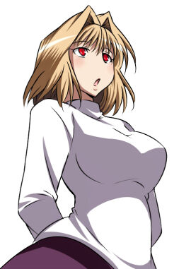 00s arcueid_brunestud arms_behind_back blonde_hair blush breasts female female_focus hair_intakes large_breasts long_skirt red_eyes short_hair simple_background skirt solo sweater tsukihime turtleneck type-moon urako
