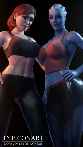 3d alien alien_girl alien_humanoid asari ass big_ass big_breasts big_butt big_nipples bimbo bimbofication bioware blender blender_(software) breasts clothing commander_shepard female female_focus femshep liara_t'soni mass_effect smile smiling standing typiconart